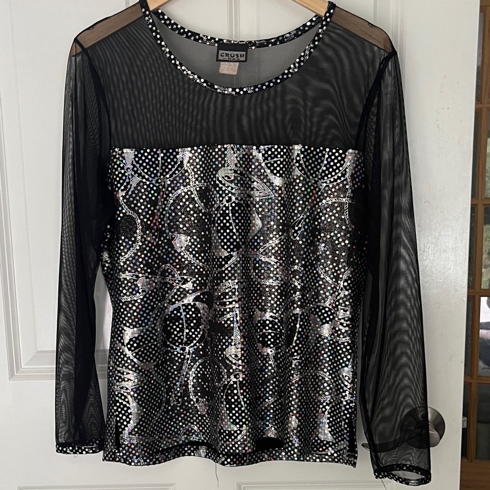 VTG Silver metallic Black Sheer mesh Women's Blouse Sz XL